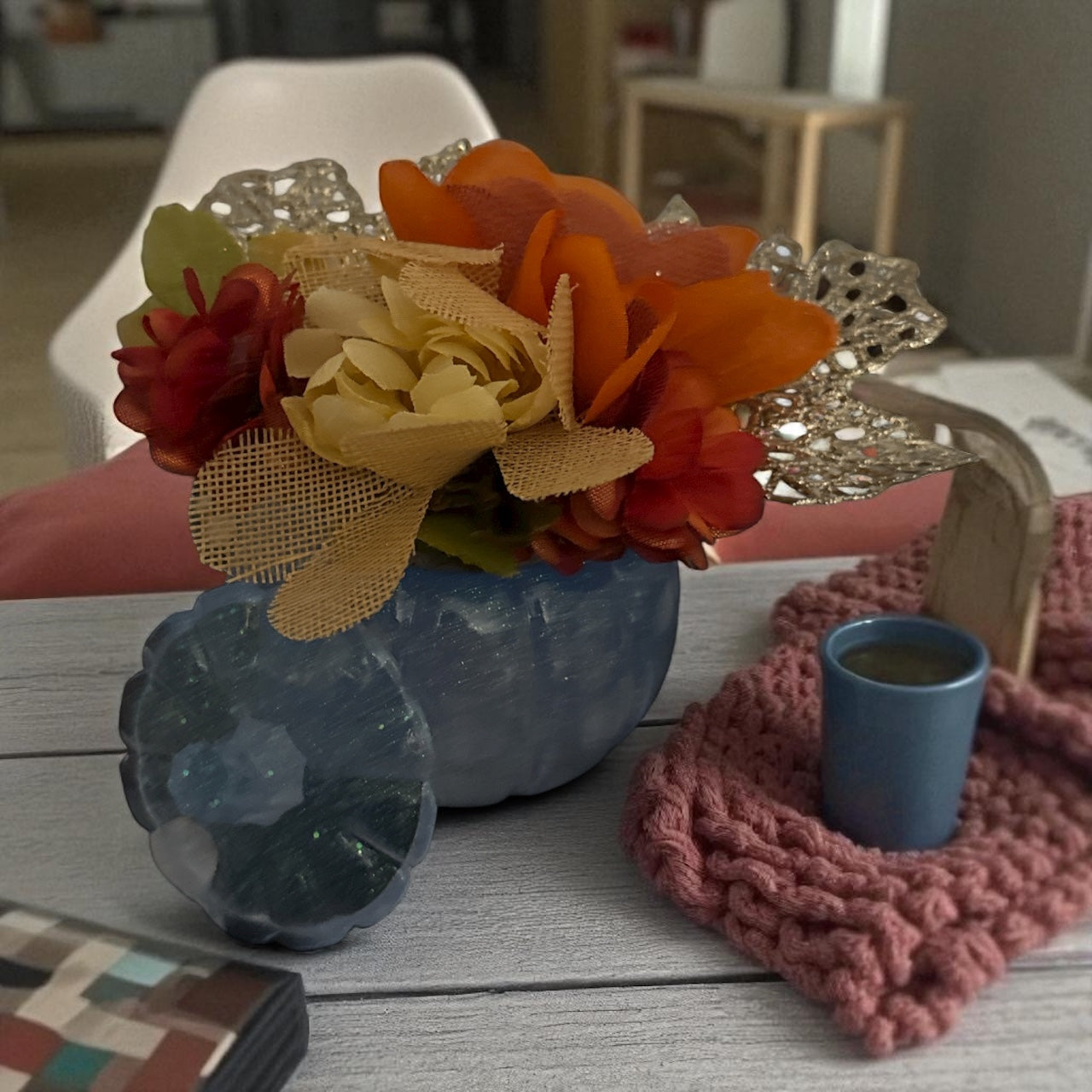 Sky blue pumpkin flower centerpiece